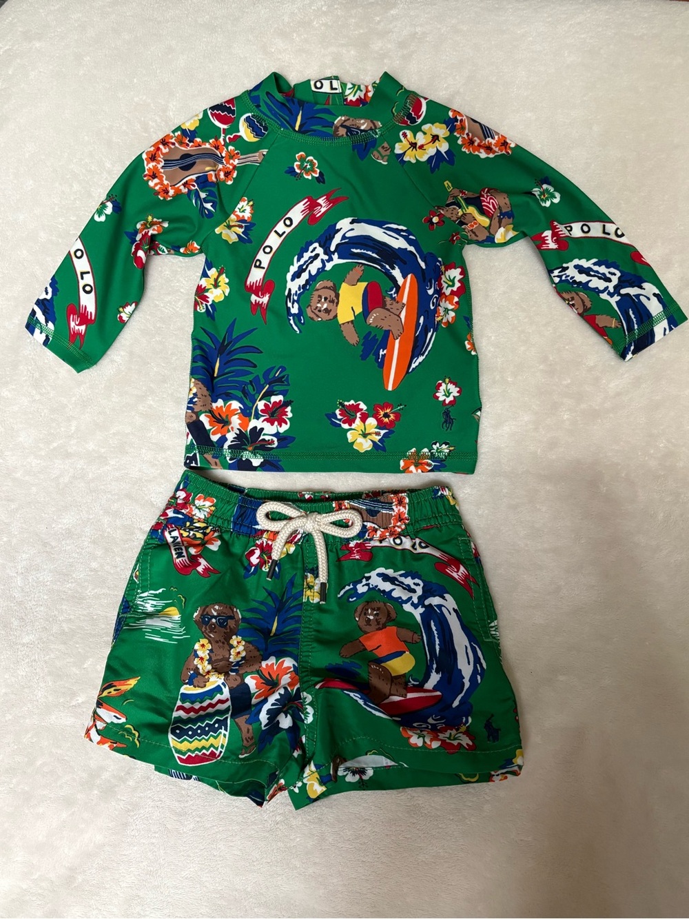 Ralph Lauren Kids Green Surf Bear Rash Guard and Swim Trunk Set